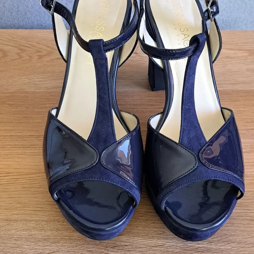 Vernissage Blue Suede Sandals Leather Slingback Heels Womens 9 US 39 EU T-Strap